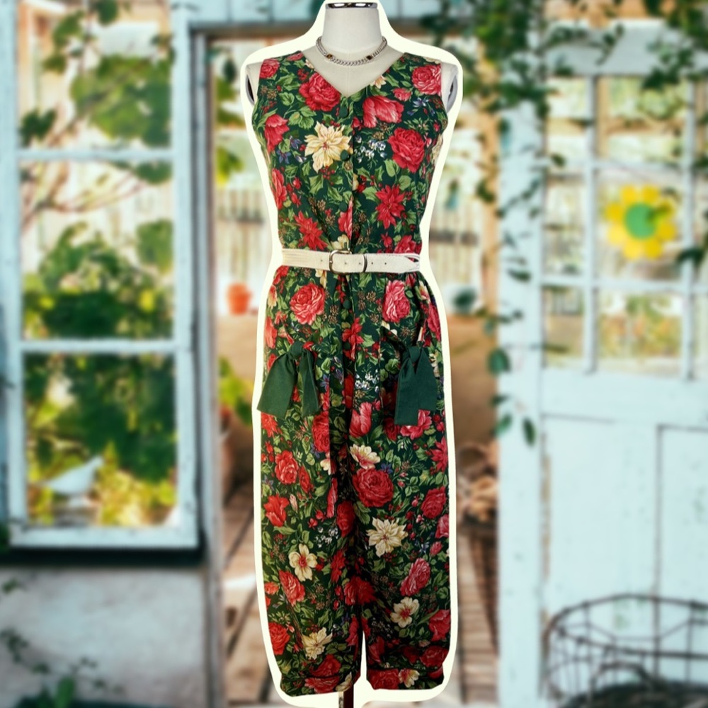 Green and Red Garden Floral Button Top Jumpsuit